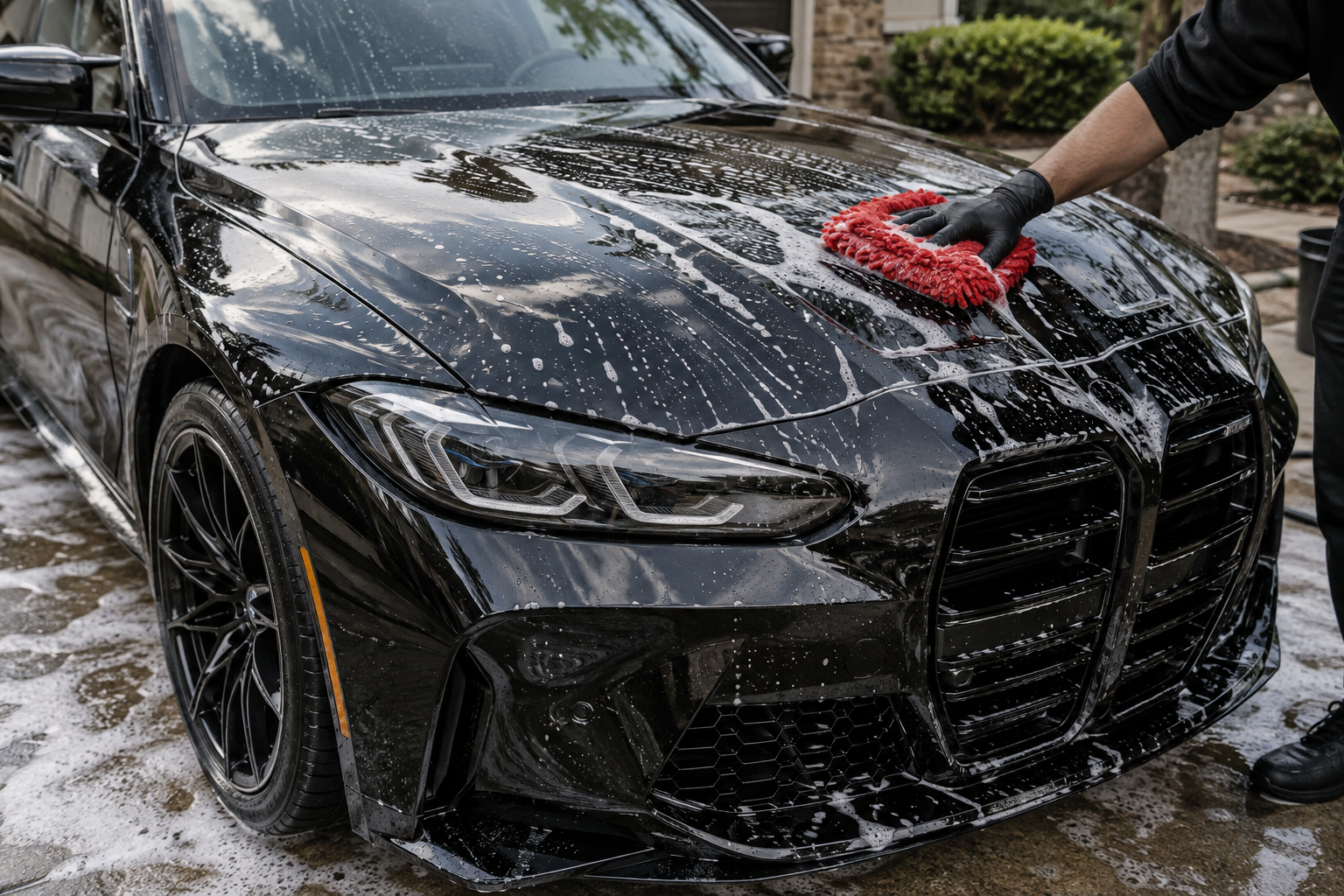 Sedan illustration: Hand washing the exterior with car shampoo.